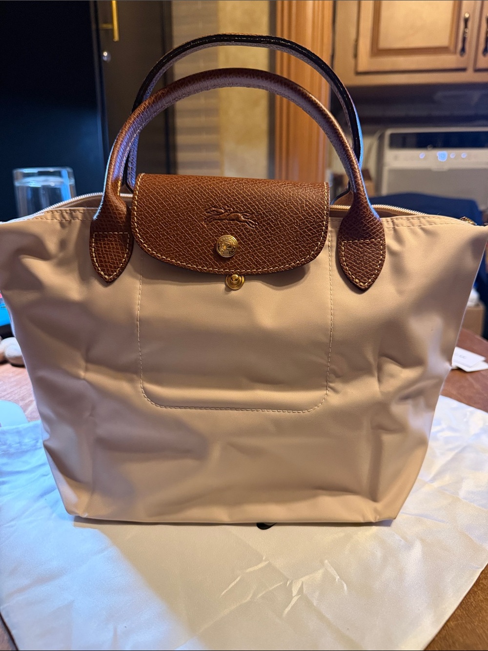 Longchamp Le Pliage Small Tote in Beige with Brown Trim